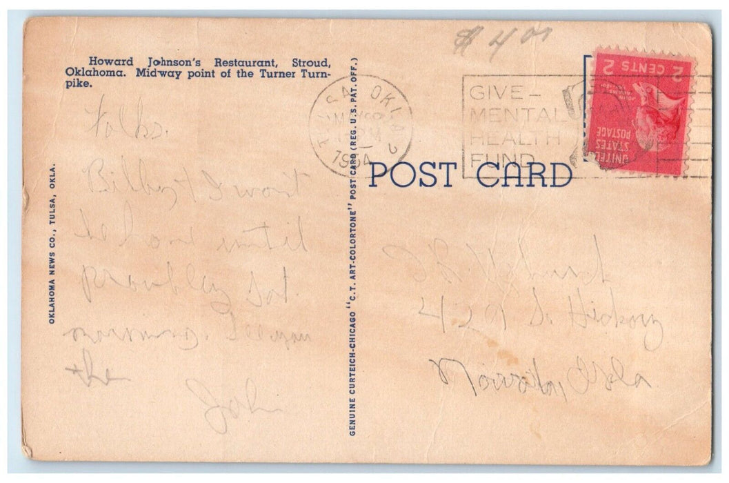 1954 Howard Johnson's Restaurant Turner Turnpike Tulsa Oklahoma City OK Postcard