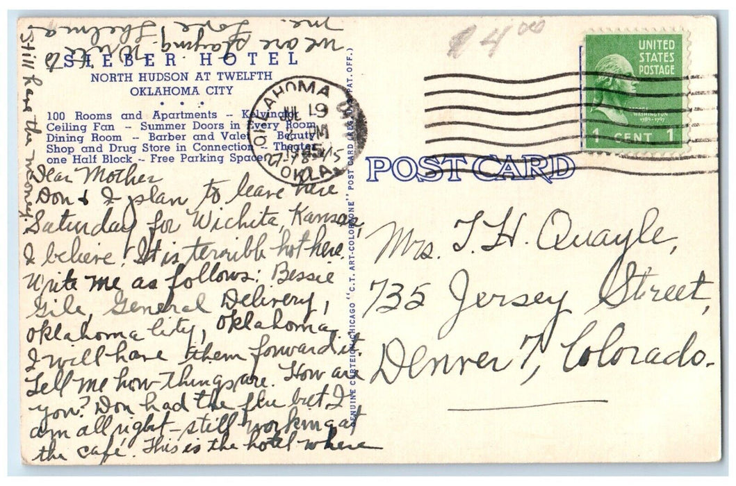 1945 Sieber Hotel Coffee Shop Building Street View Oklahoma City OK Postcard