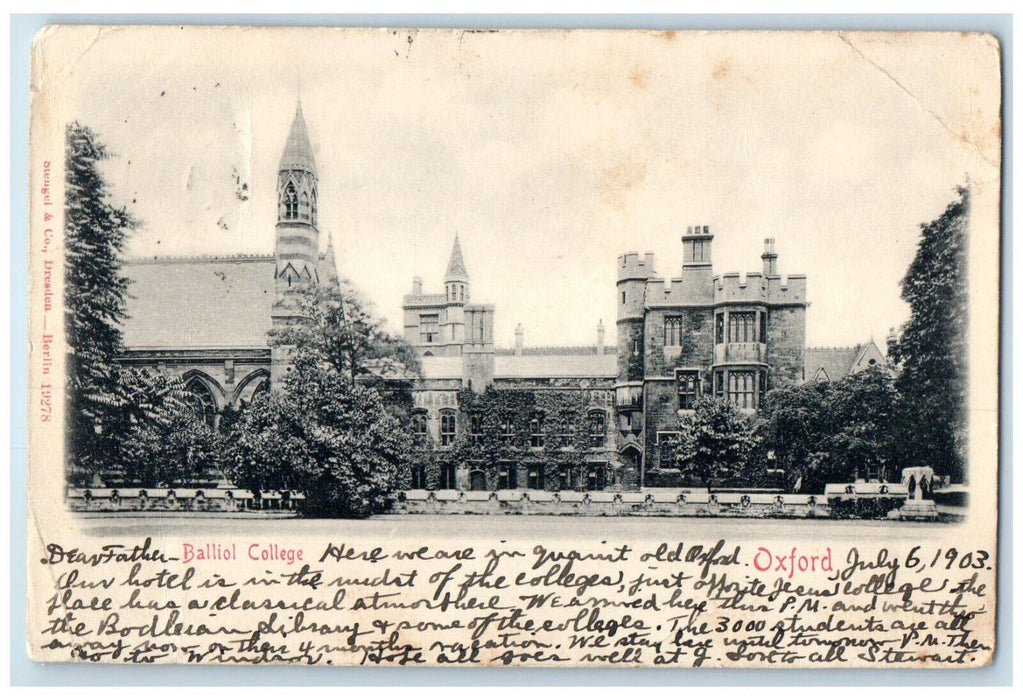 1903 Front View Balliol College Oxford England Posted Antique Postcard