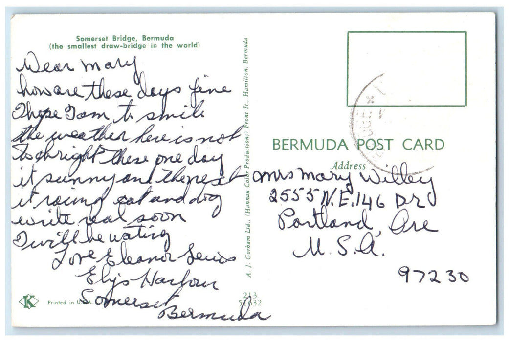c1960's Smallest Draw-Bridge in the World Somerset Bridge Bermuda Postcard