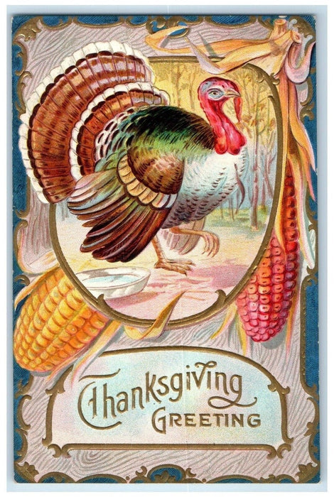 c1910's Thanksgiving Greetings Turkey Corn Embossed Winsch Back Antique Postcard