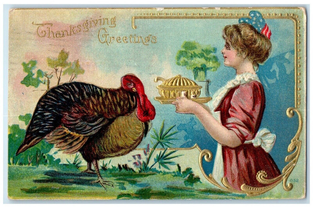 1912 Thanksgiving Greetings Turkey Miss Liberty Embossed Liberty NY Postcard