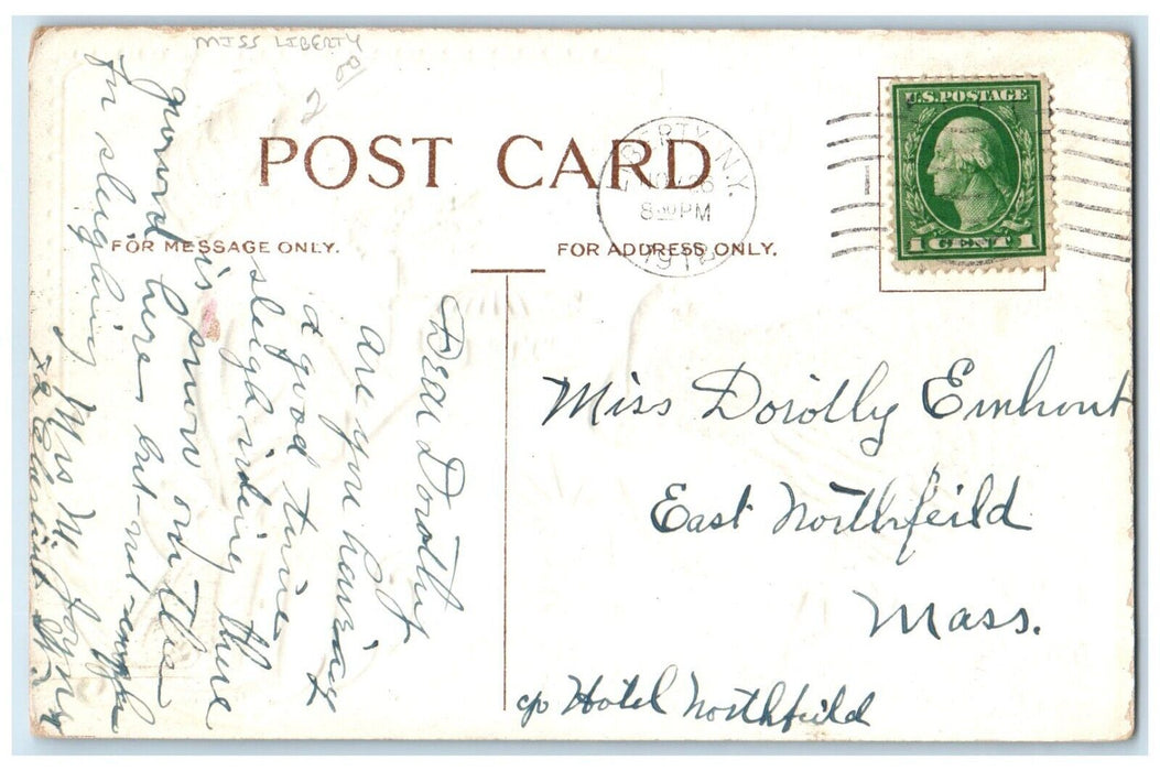 1912 Thanksgiving Greetings Turkey Miss Liberty Embossed Liberty NY Postcard