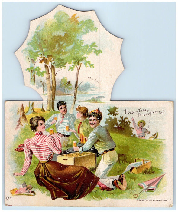 1918 Drinking Beer Gaming Parasol Man Canoe Boat Fold Out Antique Postcard
