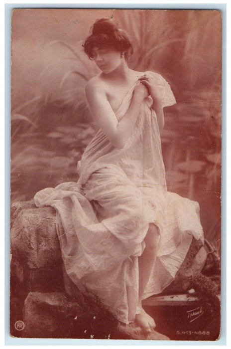 c1910's Pretty Woman Sat On Rock River Risque Unposted Antique Postcard