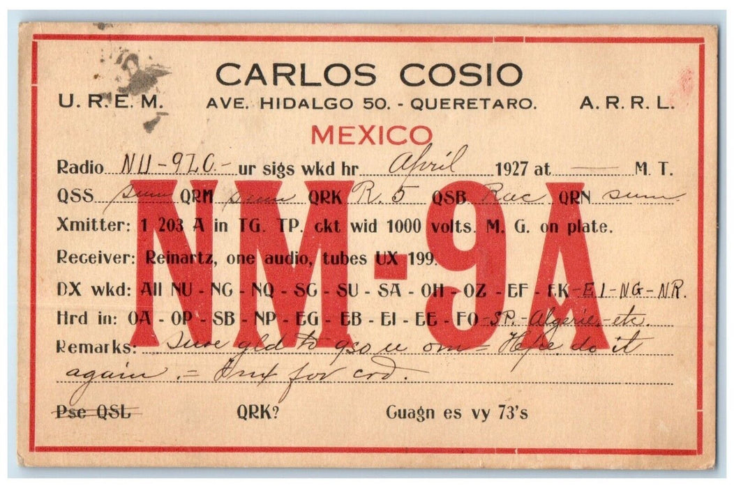 1927 Carlos Cosio Mexico NM-9A Ham Radio Posted Vintage Postcard