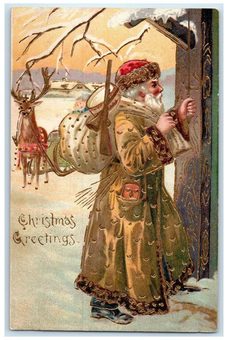 1908 Christmas Greetings Santa Claus Brown Suit Sack Of Toys Marine IL Postcard