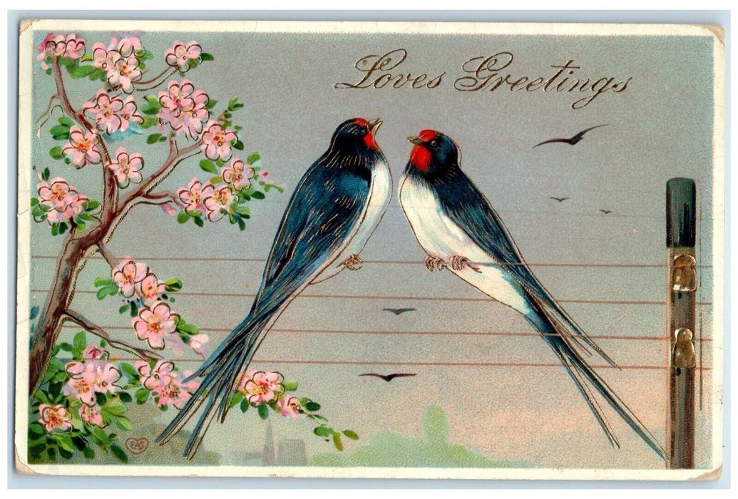 1910 Loves Greetings Song Birds Flowers Tree Gel Gold Gilt RPO Antique Postcard