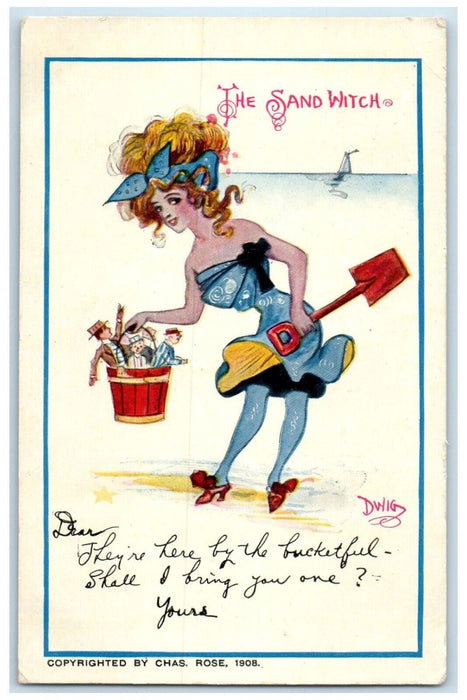 1908 Woman At The Beach Shovel Toys In Bucket Dwig Oakland CA Antique Postcard