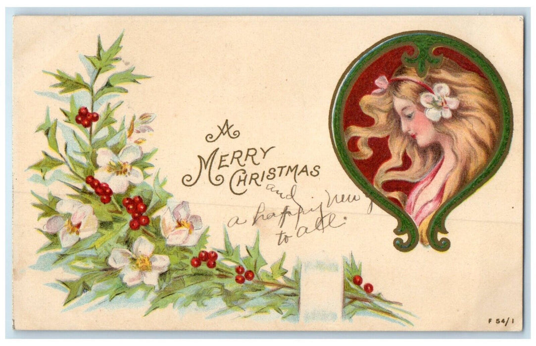 1907 Merry Christmas Pretty Woman Holly Berries Flowers Adin CA Antique Postcard