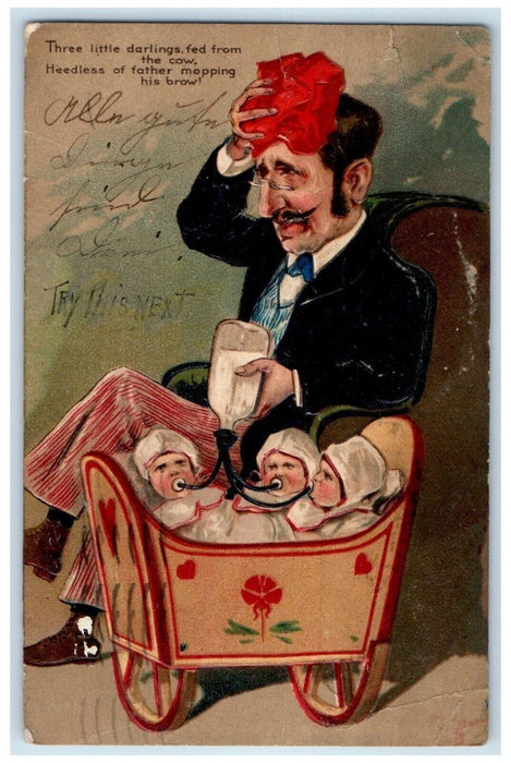 1908 Triplets Babies Milk Fed From The Cow New York NY Posted Antique Postcard