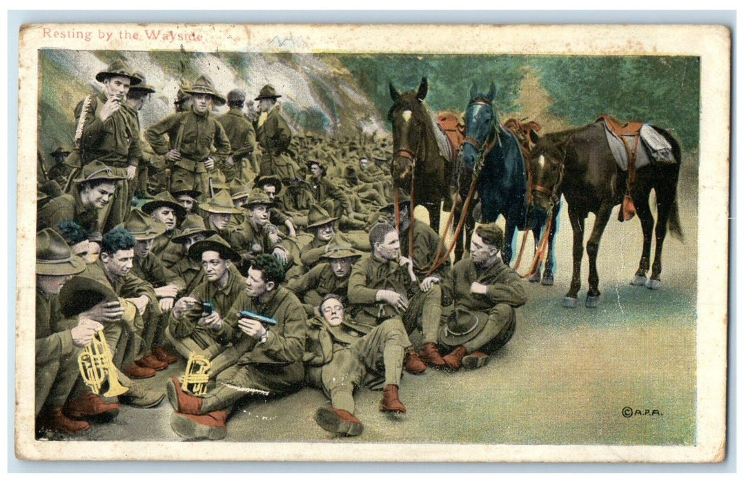 c1910's Military Soldier Resting By The Wayside Horses WWI Rockland NY Postcard