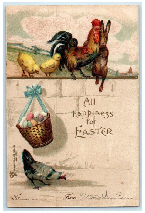 c1905 Easter Rabbit Rooster Chicks Chicken Basket Eggs Clapsaddle Postcard
