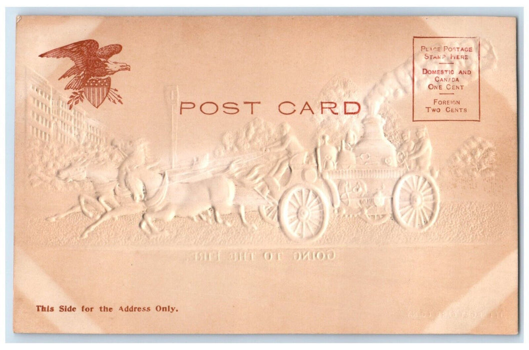 c1905 Firemen Going To The Fire Horse And Wagon Airbrushed Glitter Postcard