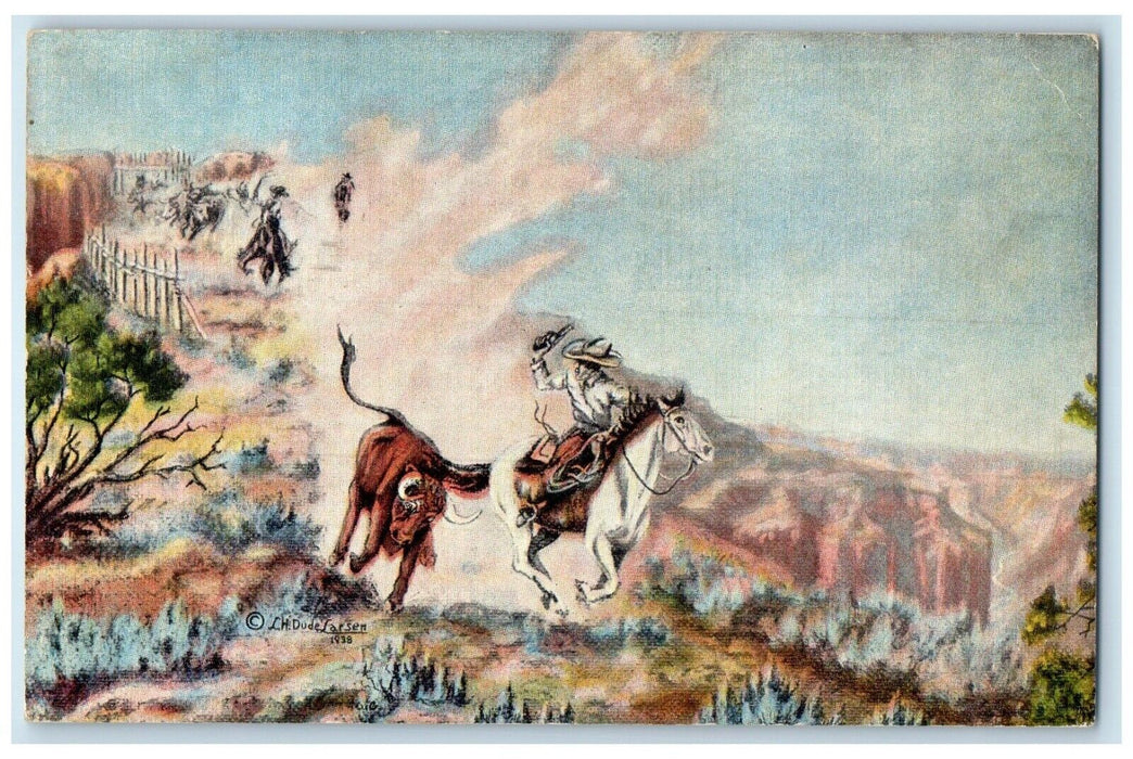1948 Trapping Wild Cattle Oil Painting Dude Larsen Van Nuys CA Vintage Postcard