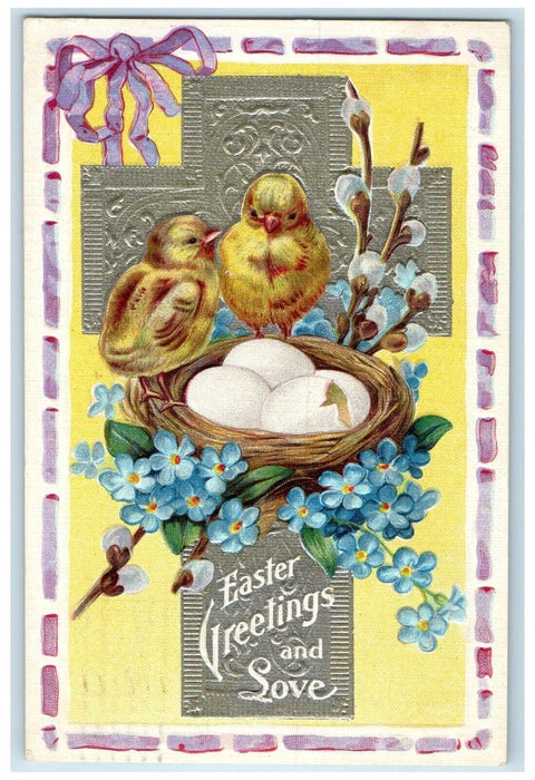 1910 Easter Greetings Chicks Eggs Nest Pipe Berry Flowers Nash Embossed Postcard