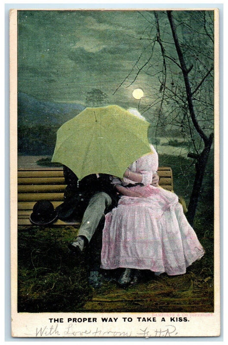 1909 Couple Romance Kissing Umbrella Moon Bamforth Natoma Winery CA Postcard