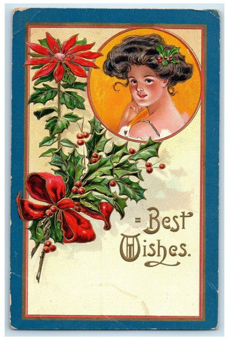 Best Wishes Woman Poinsettia Flower Berries Christmas General Delivery Postcard