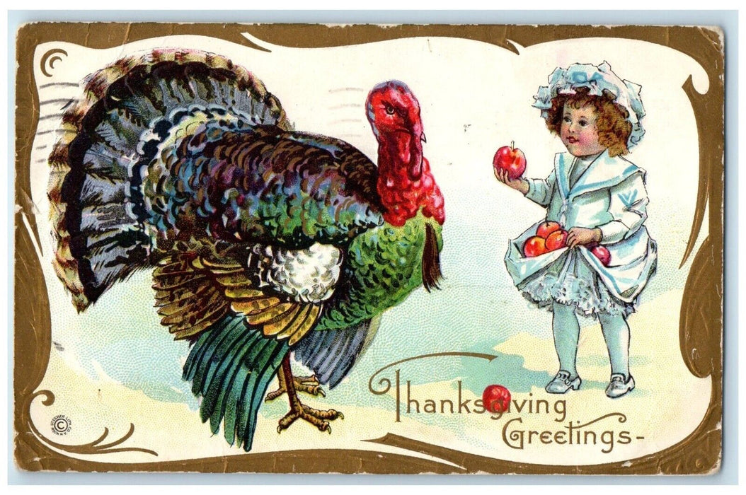 1917 Thanksgiving Greetings Little Girl Feeding Turkey San Francsico CA Postcard