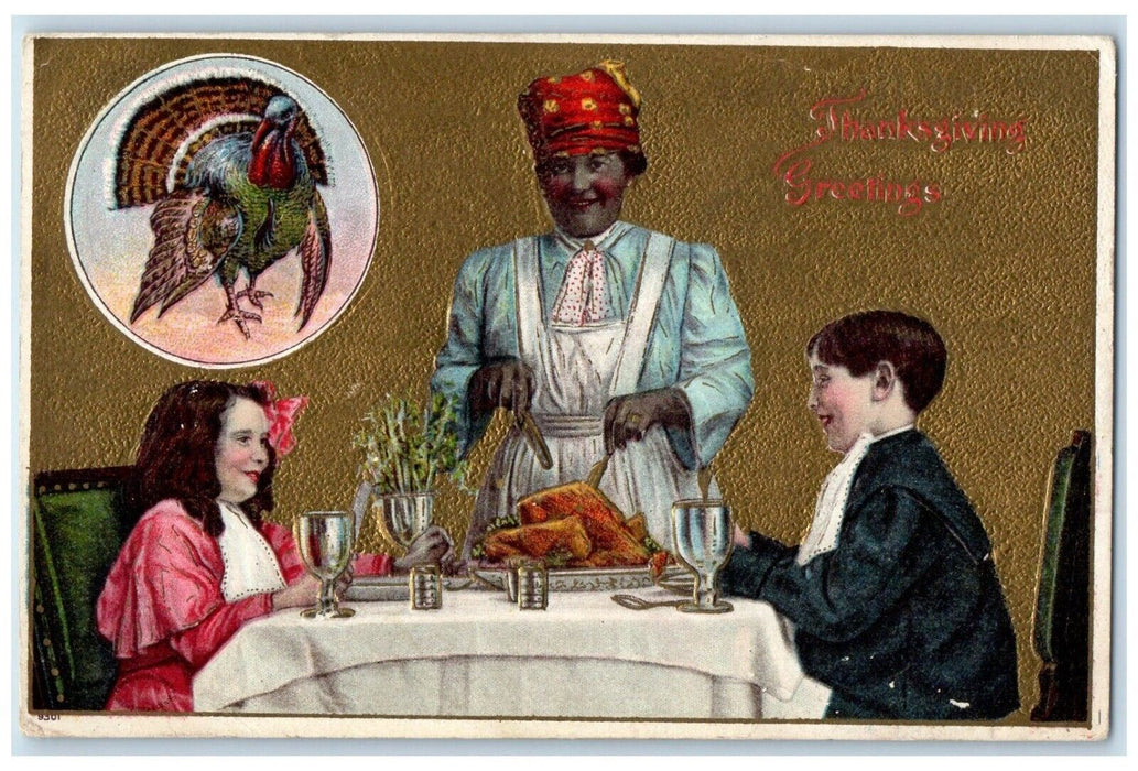 1909 Thanksgiving Greetings Maid Chopping Turkey Oakland California CA Postcard