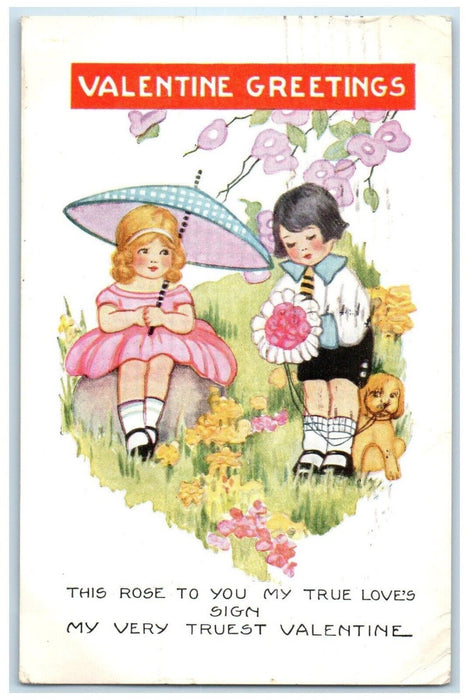 1925 Valentine Greetings Little Sweetheart Flowers Dog Oakland CA Postcard