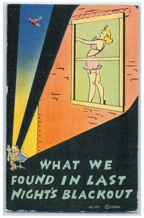 c1930s Sexy Girl On Window What We Found Last Night Projector WW2 Humor Postcard