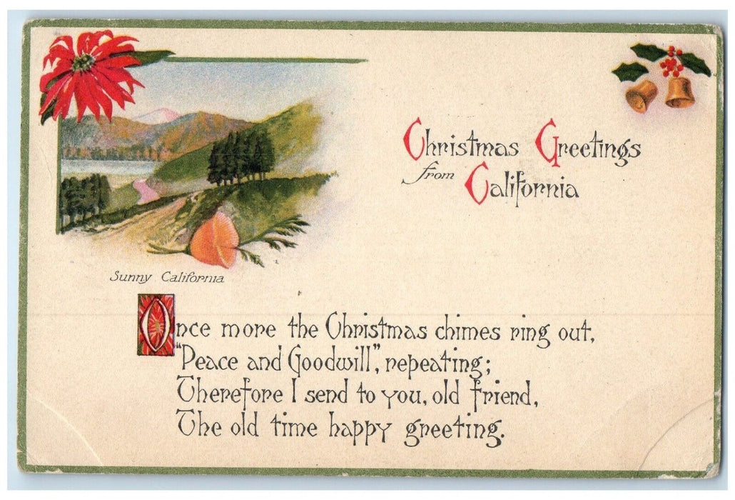 1917 Christmas Greetings From California Poinsettia Flowers Antique Postcard