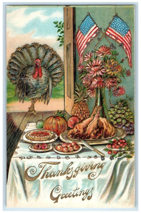 c1910's Thanksgiving Greetings Turkey Flags Embossed Hobart Mills CA Postcard