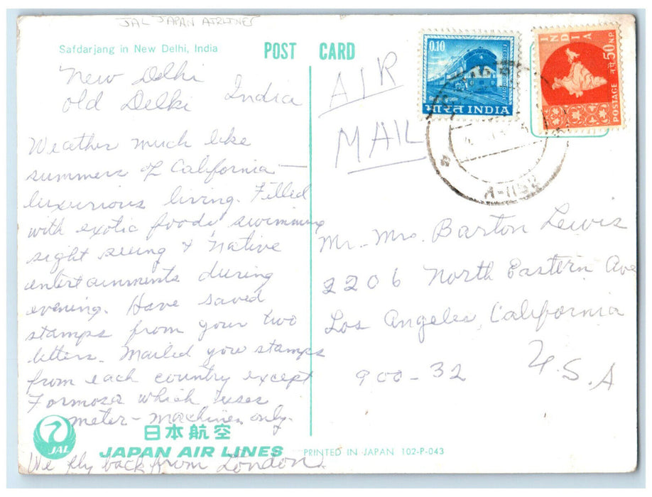 c1950's Safdarjan in New Delhi India Japan Air Lines Japan Vintage Postcard