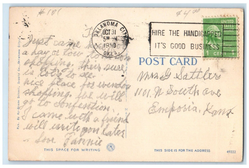 1950 Skirvin Hotel Building Cars Oklahoma City Oklahoma OK Vintage Postcard