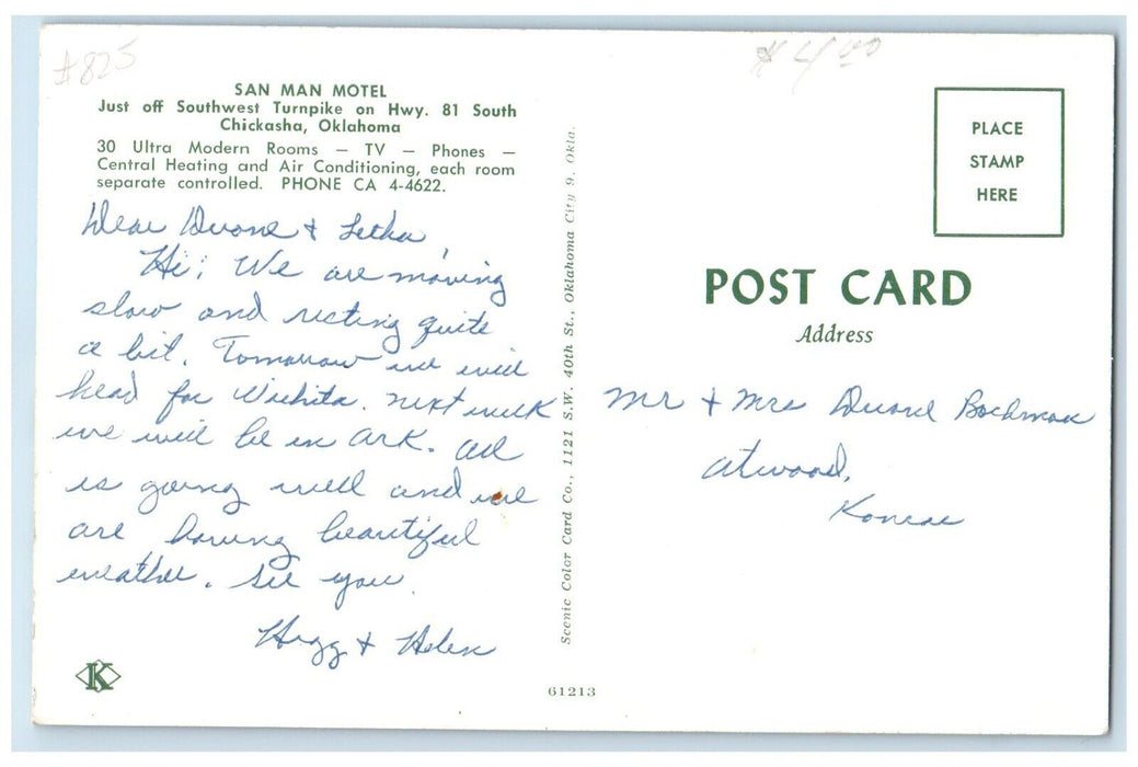 c1950's San Man Motel Cars Scene Chickasha Oklahoma OK Posted Vintage Postcard