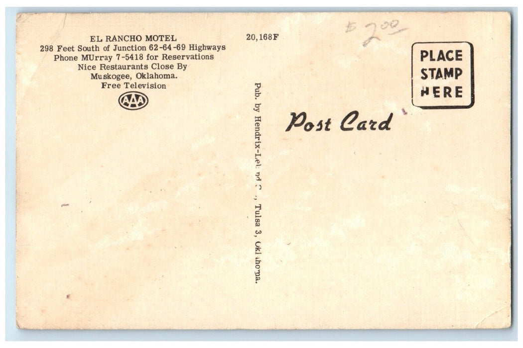 c1950's El Rancho Motel Roadside Car Muskogee Oklahoma OK Vintage Postcard