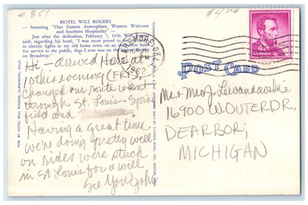1962 Will Rogers Hotel Building Drugs Stores Claremore Oklahoma OK Postcard