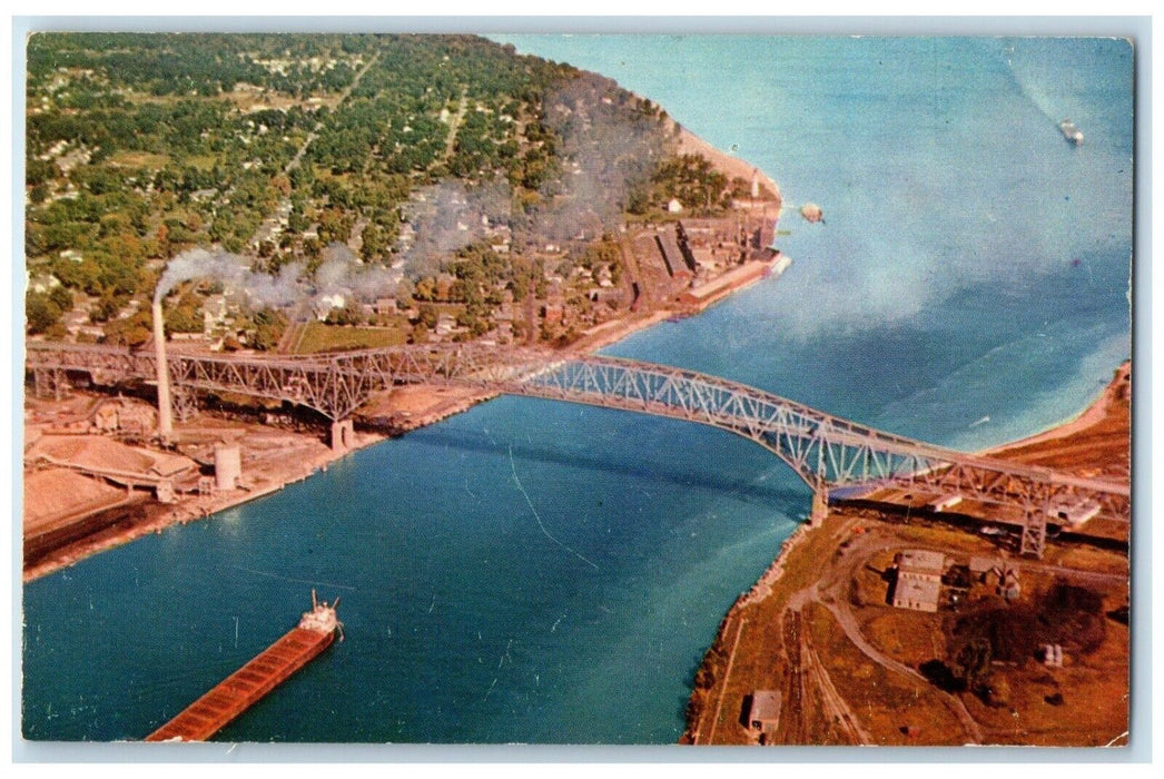 c1960 Blue Water Bridge Port Huron Michigan Freighter St. Clair River Postcard