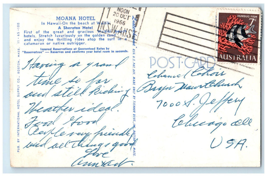 1966 Moana Sheraton Hotel Hawaii Beach Waikiki Hawaii Vintage Postcard