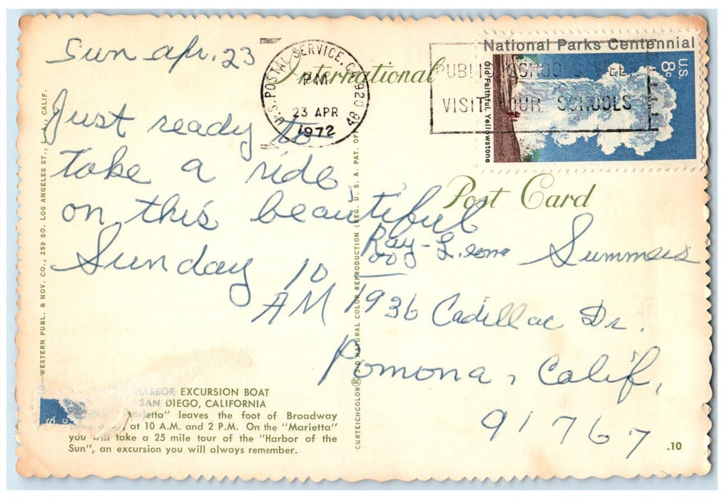 1972 Harbor Excursion Boat Broadway Marietta Sun San Diego California Postcard