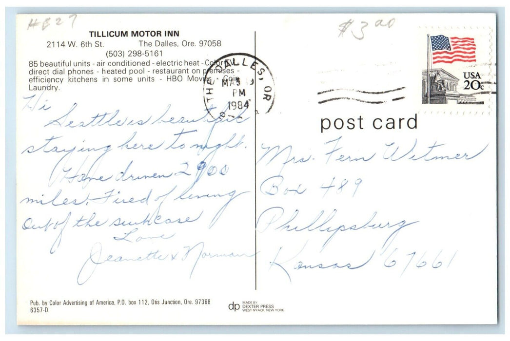 1984 Tillicum Motor Inn Motel Cars Roadside The Dalles Oregon OR Posted Postcard