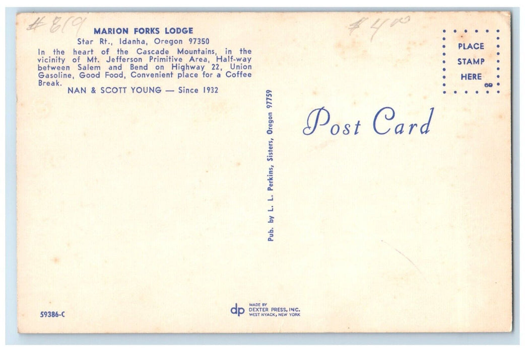 c1950's Marion Forks Lodge Motel Cars Cafe Coca Cola Idanha Oregon OR Postcard