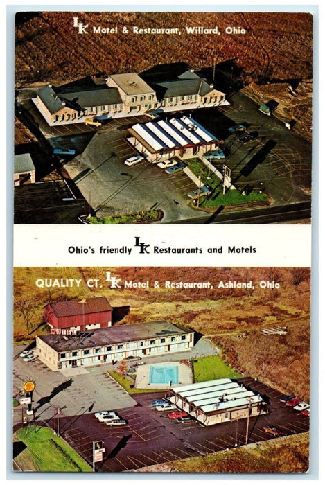 c1950's LK Motel & Restaurant Willard Ohio OH Pool Cars Dual View Postcard