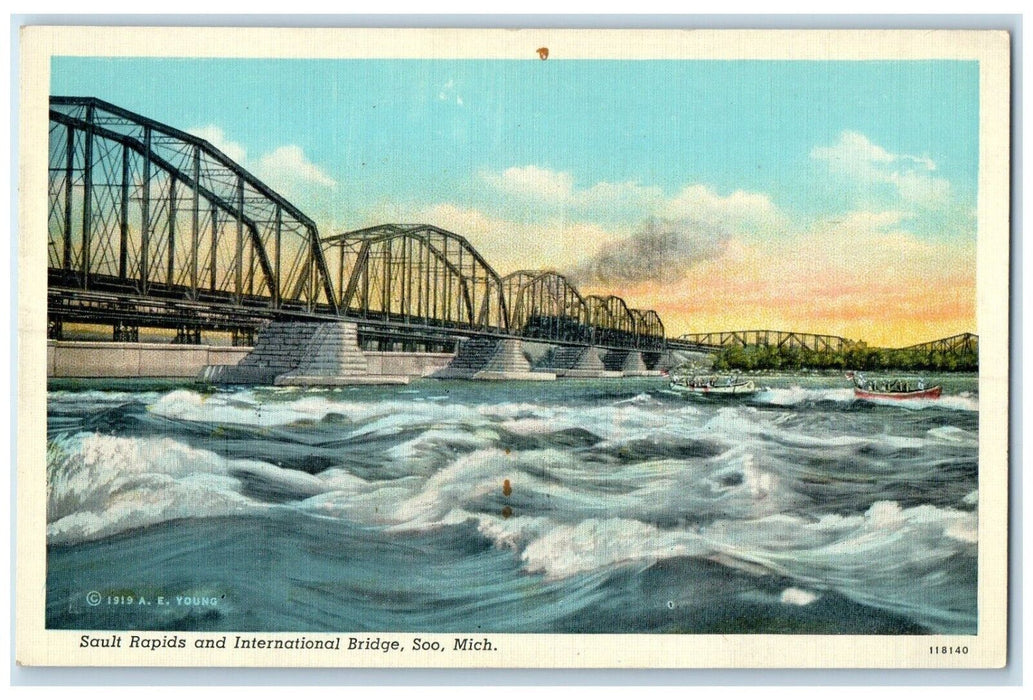 c1940 Sault Rapids International Bridge Lake River Soo Michigan Vintage Postcard