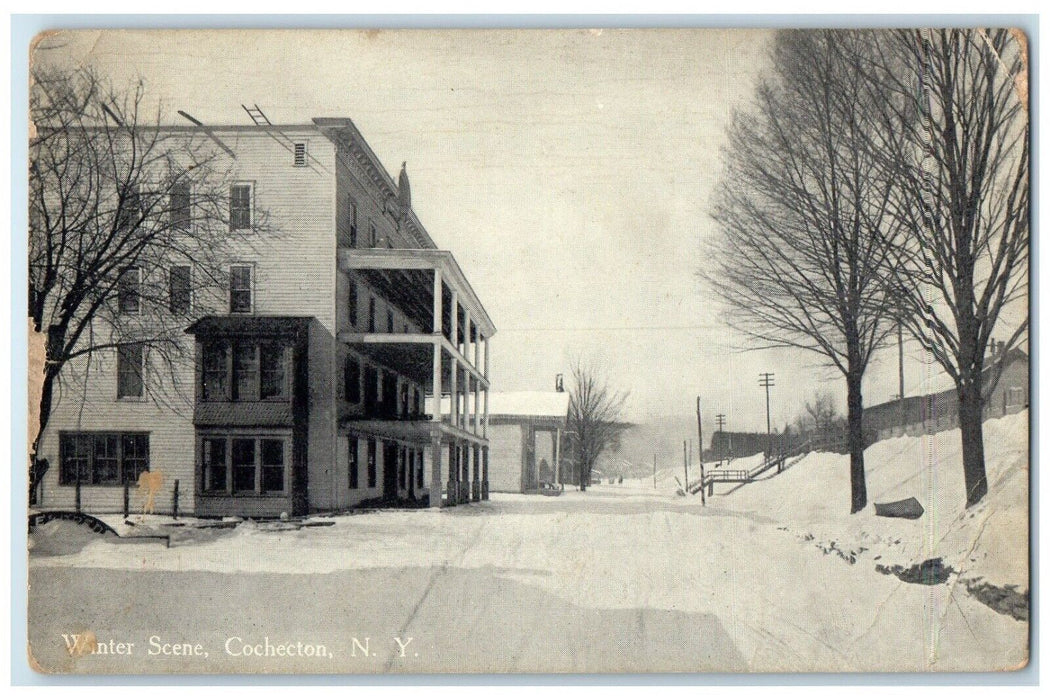 1910 Winter Scene Building Street Road Trees Cochecton New York Antique Postcard
