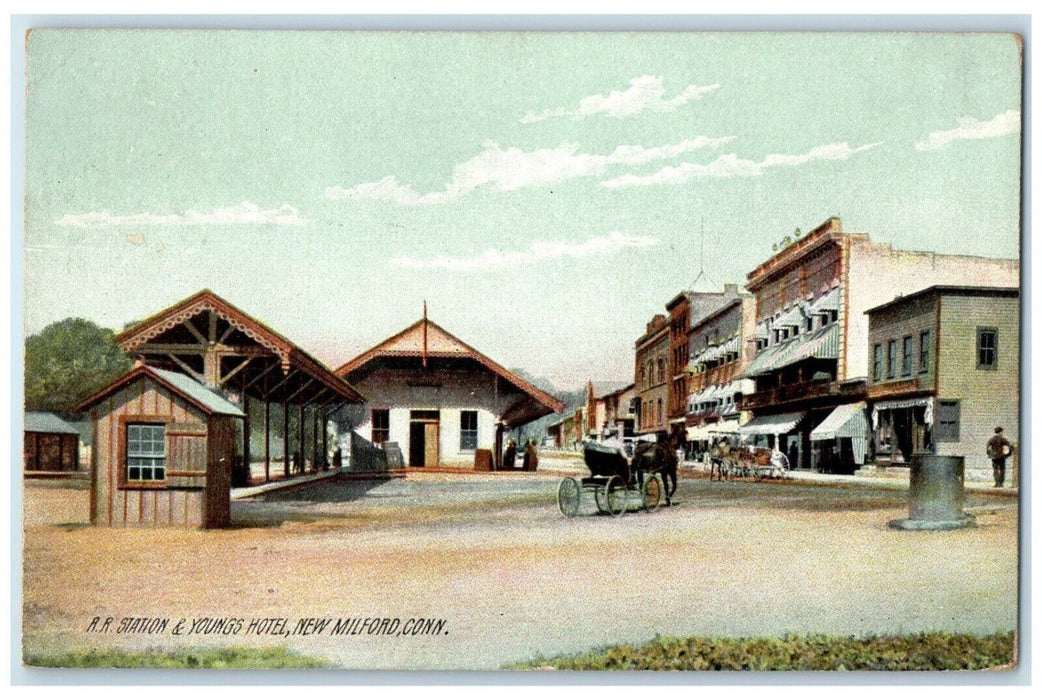 1909 RR Station Youngs Hotel Building New Milford Connecticut CT Posted Postcard