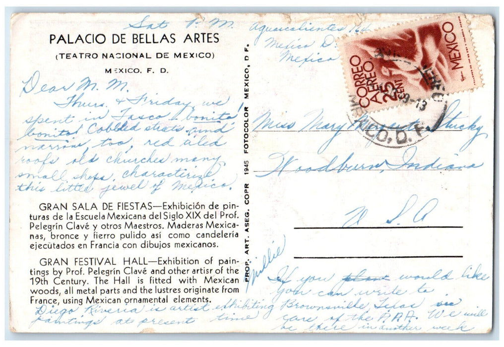 c1950's Gran Festival Hall Palace of Fine Arts Mexico D.F. Vintage Postcard