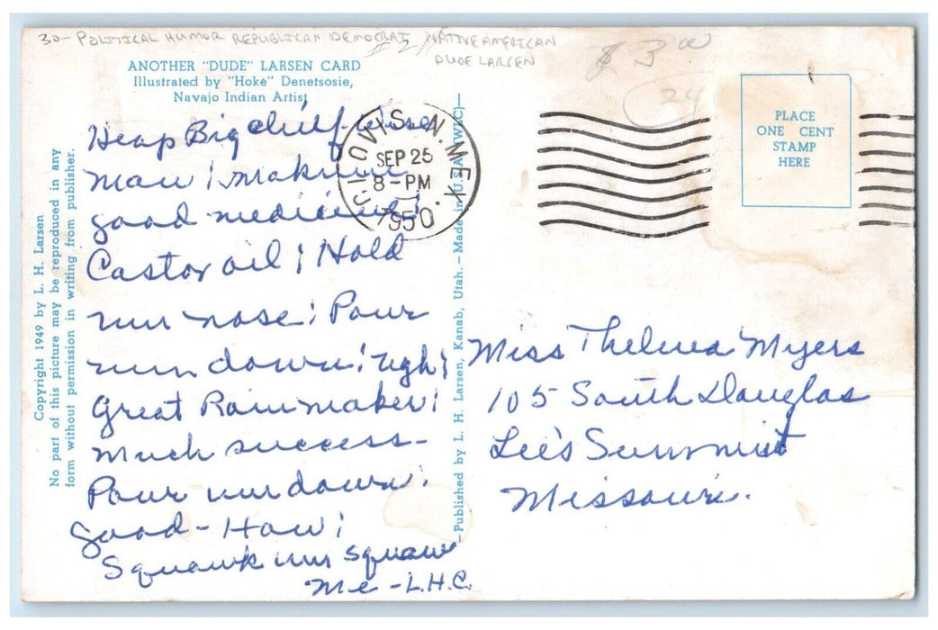 1950 Political Humor Republican Democrat Native American Dude Larsen Postcard