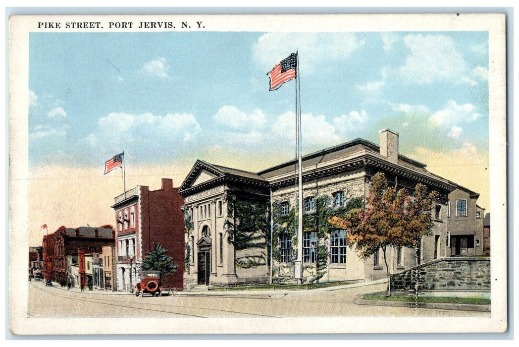 c1920 Pike Street Buildings Flag Classic Car Road Port Jervis New York Postcard