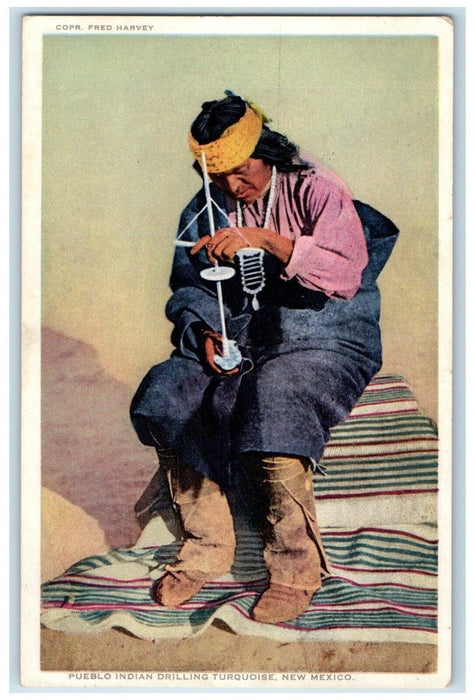 c1910 Pueblo Indian Drilling Turquoise New Mexico Fred Harvey Phostint Postcard