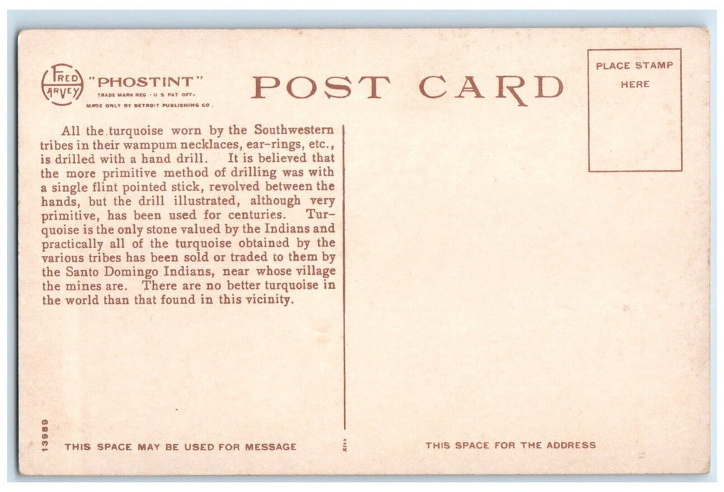 c1910 Pueblo Indian Drilling Turquoise New Mexico Fred Harvey Phostint Postcard