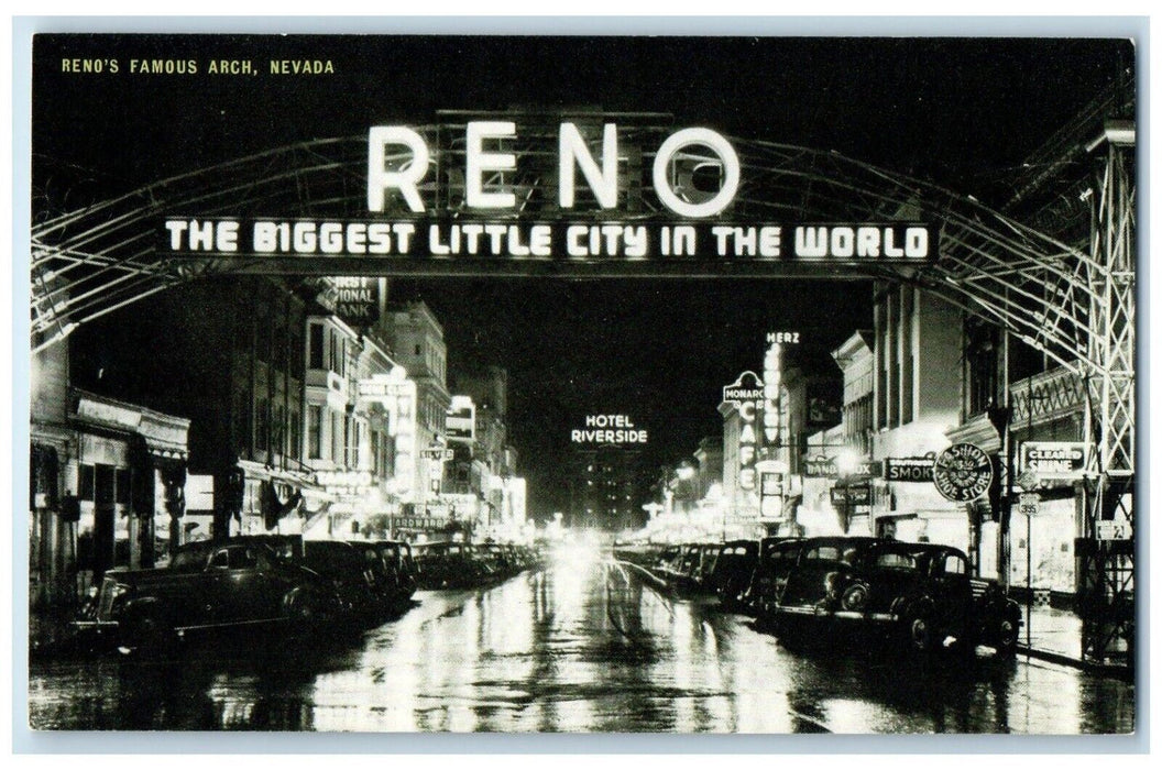 c1940 Reno Biggest Little City World Classic Car Conoco Touraide Nevada Postcard