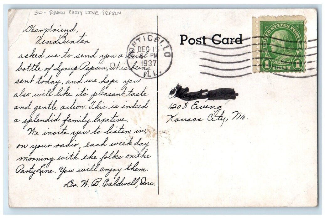 1937 Radio Party These Party Lines Pepsin Monticello Illinois IL Posted Postcard