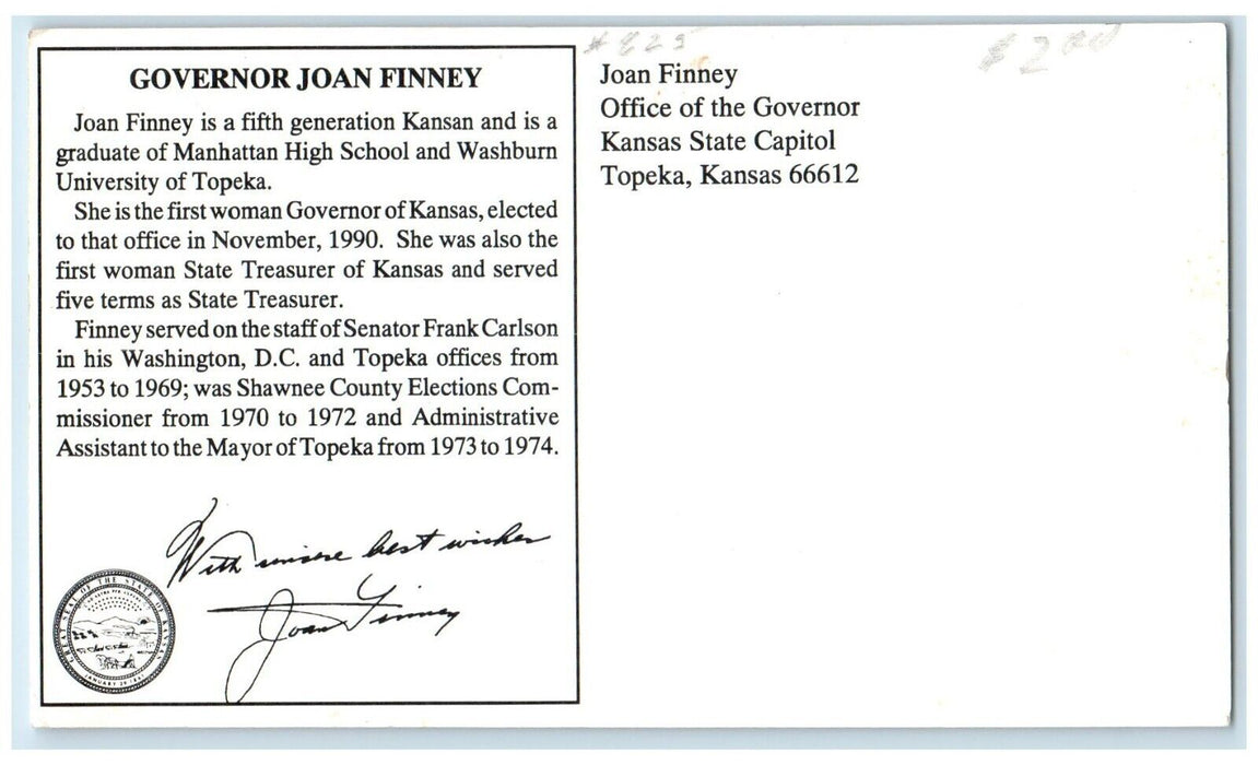 Signed Governor Joan Finney First Woman Kansas State Capitol Topeka KS Postcard
